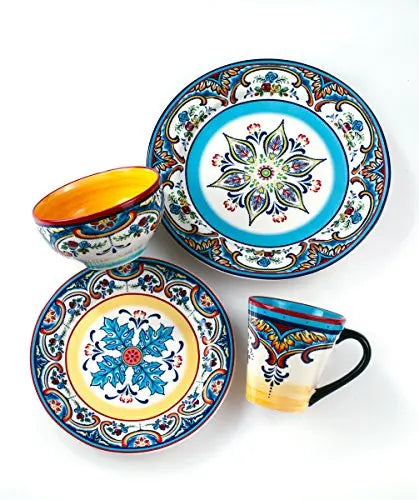 Euro Ceramica Zanzibar Dinnerware 16-Piece Set Serves 4, Spanish Floral Design - Multicolor Euro Ceramica