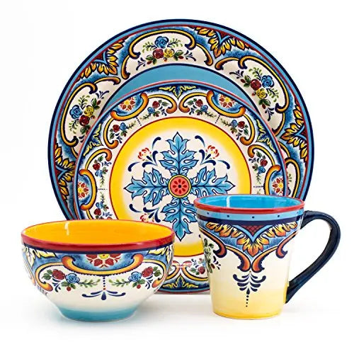 Euro Ceramica Zanzibar Dinnerware 16-Piece Set Serves 4, Spanish Floral Design - Multicolor Euro Ceramica