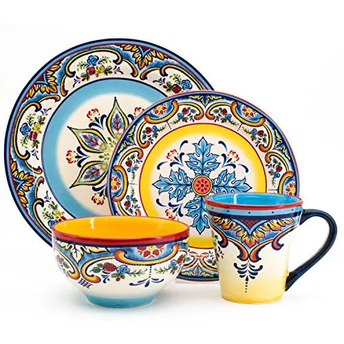 Euro Ceramica Zanzibar Dinnerware 16-Piece Set Serves 4, Spanish Floral Design - Multicolor Euro Ceramica