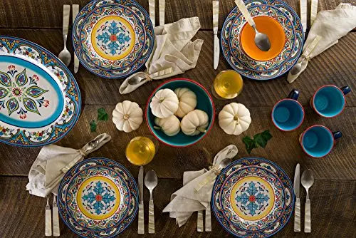 Euro Ceramica Zanzibar Dinnerware 16-Piece Set Serves 4, Spanish Floral Design - Multicolor Euro Ceramica