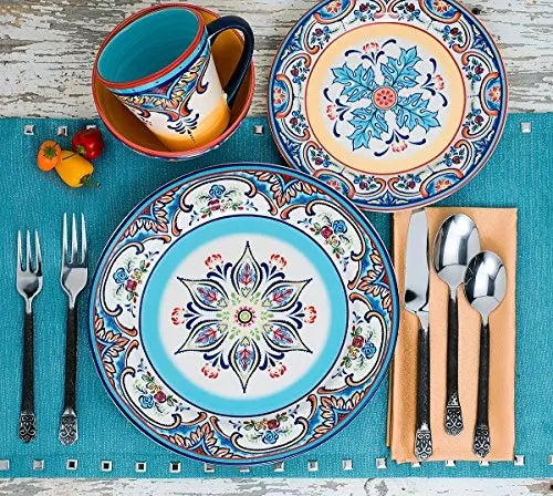 Euro Ceramica Zanzibar Dinnerware 16-Piece Set Serves 4, Spanish Floral Design - Multicolor Euro Ceramica