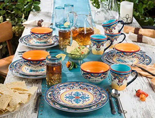 Euro Ceramica Zanzibar Dinnerware 16-Piece Set Serves 4, Spanish Floral Design - Multicolor Euro Ceramica