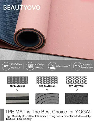 Extra Thick Double Sided Non Slip Pilates Yoga Mat with Strap - 1/3 Inch BEAUTYOVO