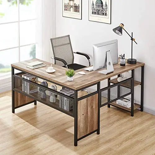 FATORRI L Shaped Computer Desk, Industrial Office Desk 59" - Rustic Oak FATORRI