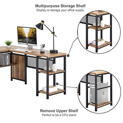 FATORRI L Shaped Computer Desk, Industrial Office Desk 59" - Rustic Oak FATORRI