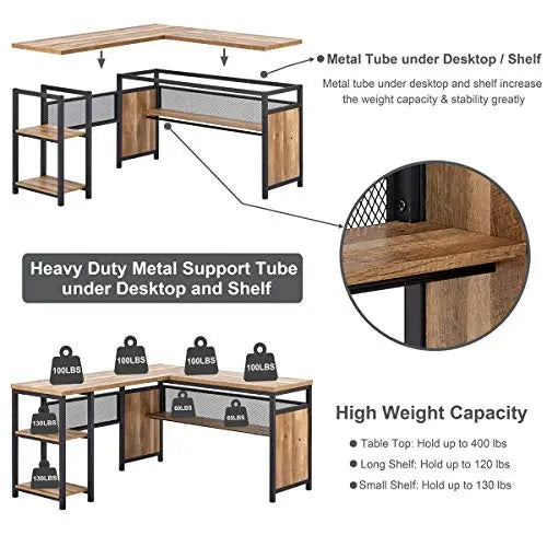 FATORRI L Shaped Computer Desk, Industrial Office Desk 59" - Rustic Oak FATORRI