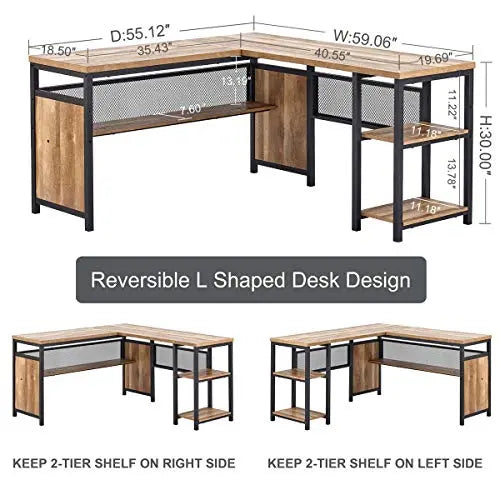 FATORRI L Shaped Computer Desk, Industrial Office Desk 59" - Rustic Oak FATORRI