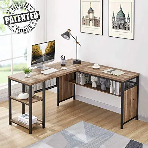 FATORRI L Shaped Computer Desk, Industrial Office Desk 59" - Rustic Oak FATORRI