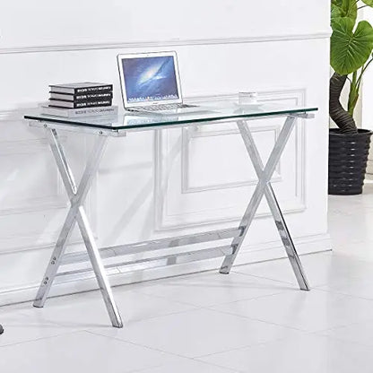 FENGHUA Modern Tempered Glass Computer Desk - Clear/Silver FENGHUA GLASS HOME