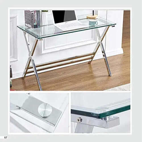 FENGHUA Modern Tempered Glass Computer Desk - Clear/Silver