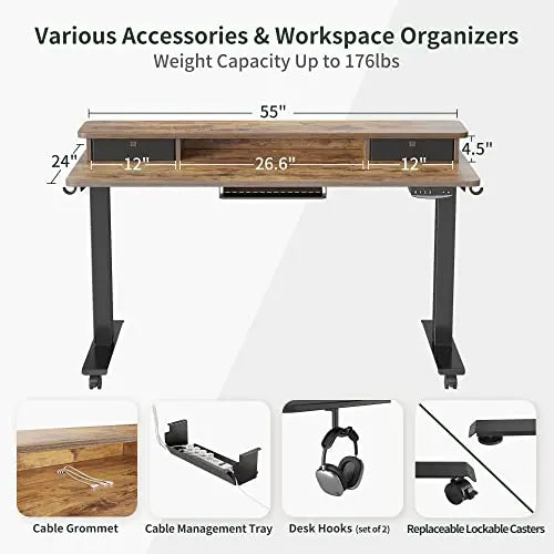 FEZIBO Electric Standing Desk, 55" - Black Frame/Rustic Brown Top FEZIBO