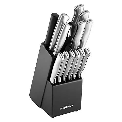 Farberware Stamped 15-Piece High-Carbon Stainless Steel Knife Block Set, Steak Knives, Black Farberware
