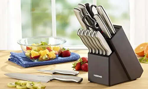 Farberware Stamped 15-Piece High-Carbon Stainless Steel Knife Block Set, Steak Knives, Black Farberware