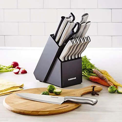 Farberware Stamped 15-Piece High-Carbon Stainless Steel Knife Block Set, Steak Knives, Black Farberware