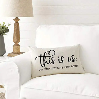 Farmhouse Throw Pillow Cover with This is Us Quote | Rustic Décor Lumbar Pillow Cover, 12" x 20" - Cream/Black Meekio