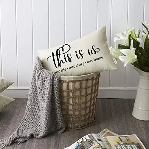 Farmhouse Throw Pillow Cover with This is Us Quote | Rustic Décor Lumbar Pillow Cover, 12" x 20" - Cream/Black Meekio