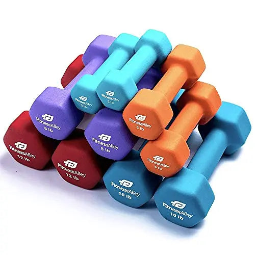 Fitness Alley Neoprene Dumbbell Set, Non Slip Grip, 5 Pairs - 3LB, 5 LB, 8LB, 10LB, 12LB Fitness Alley