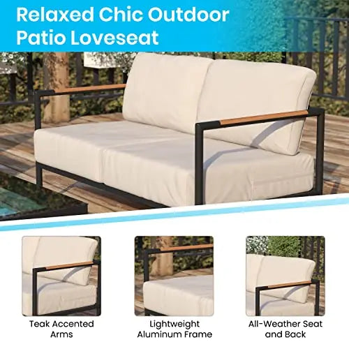 Flash Furniture Modern Outdoor Patio Furniture Loveseat - Beige Cushions Flash Furniture