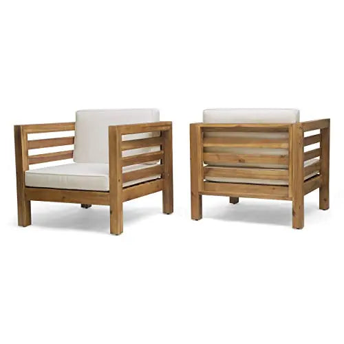 GDFStudio Set of 2 Louise Outdoor Acacia Wood Club Chairs with Cushions - Teak Finish and Beige GDFStudio