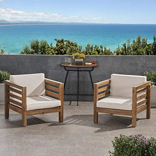 GDFStudio Set of 2 Louise Outdoor Acacia Wood Club Chairs with Cushions - Teak Finish and Beige GDFStudio