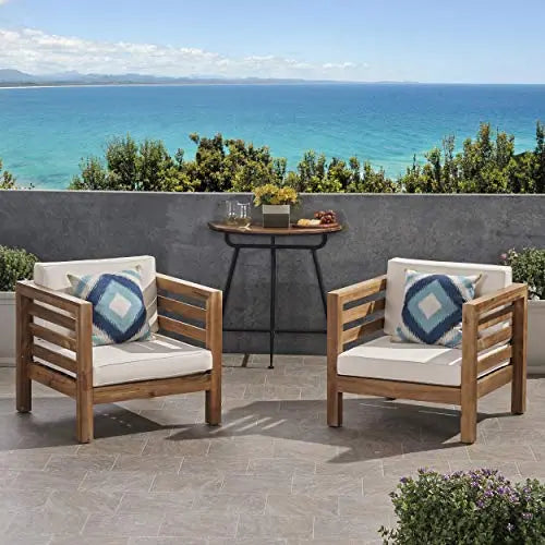 GDFStudio Set of 2 Louise Outdoor Acacia Wood Club Chairs with Cushions - Teak Finish and Beige GDFStudio