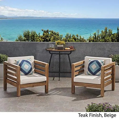 GDFStudio Set of 2 Louise Outdoor Acacia Wood Club Chairs with Cushions - Teak Finish and Beige GDFStudio