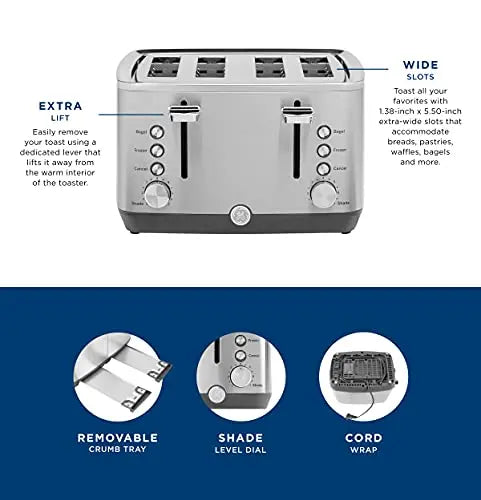 GE Stainless Steel Toaster | 4 Slice Extra Wide Toaster Slots - Stainless Steel GE