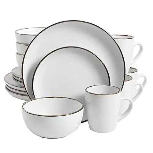 Gibson Home Rockaway Round Stoneware Dinnerware 16-Piece Set, Serves 4 - Matte White/Metallic Rim Gibson Home