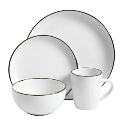 Gibson Home Rockaway Round Stoneware Dinnerware 16-Piece Set, Serves 4 - Matte White/Metallic Rim Gibson Home