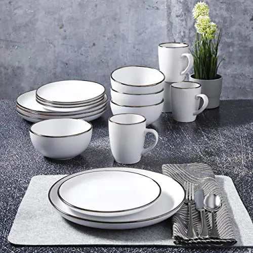 Gibson Home Rockaway Round Stoneware Dinnerware 16-Piece Set, Serves 4 - Matte White/Metallic Rim Gibson Home