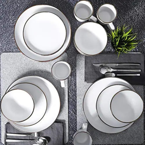 Gibson Home Rockaway Round Stoneware Dinnerware 16-Piece Set, Serves 4 - Matte White/Metallic Rim Gibson Home