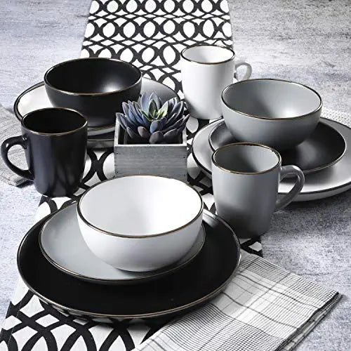 Gibson Home Rockaway Round Stoneware Dinnerware 16-Piece Set, Serves 4 - Matte White/Metallic Rim Gibson Home