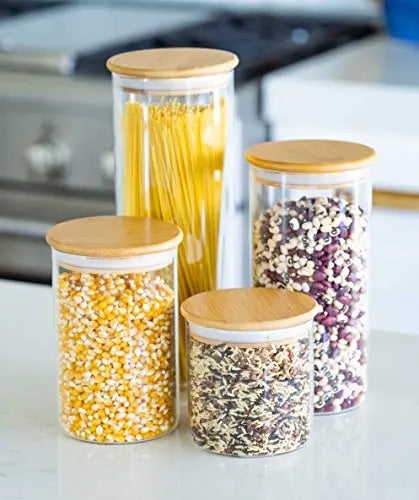 Glass Food Storage Containers with Bamboo Lids - Set of 4 Kitchen Canisters Sweetzer & Orange