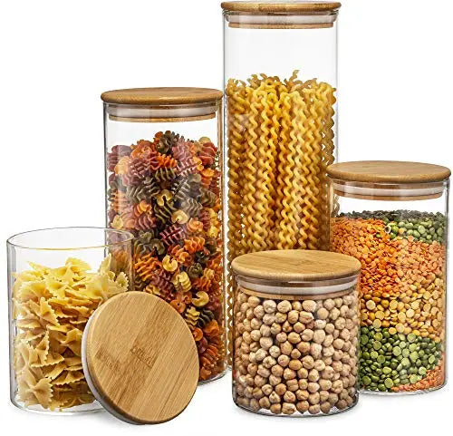 Glass Kitchen Canisters with Airtight Bamboo Lid - Set of 5 Le'raze