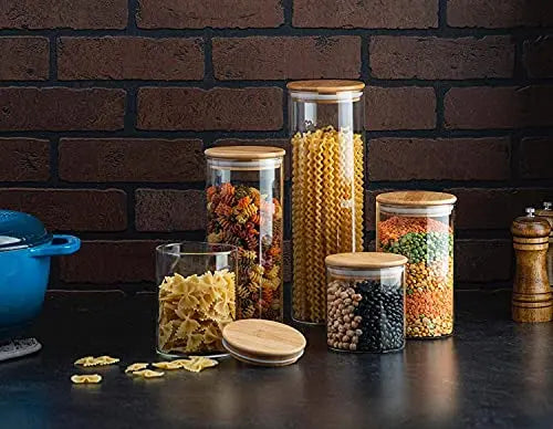 Glass Kitchen Canisters with Airtight Bamboo Lid - Set of 5 Le'raze