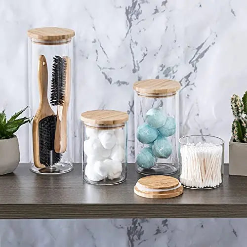Le'raze Set of 5 Glass Kitchen Canisters with Airtight Bamboo Lid, Glass  Storage Jars for Kitchen, Bathroom - Ideal for Flour, Coffee, Cookie Jar