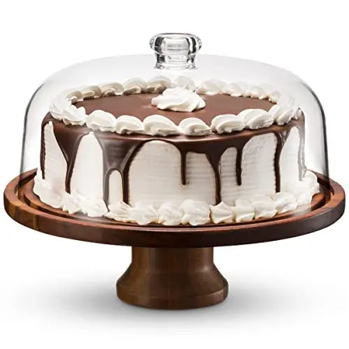 Godinger Cake Stand | Wooden  Footed Cake Plate with Shatterproof Acrylic Lid - Brown Godinger