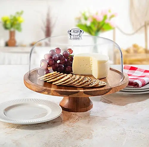 Godinger Cake Stand | Wooden  Footed Cake Plate with Shatterproof Acrylic Lid - Brown Godinger