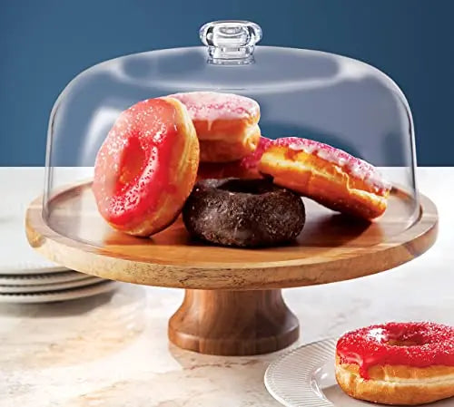 Godinger Cake Stand | Wooden  Footed Cake Plate with Shatterproof Acrylic Lid - Brown Godinger