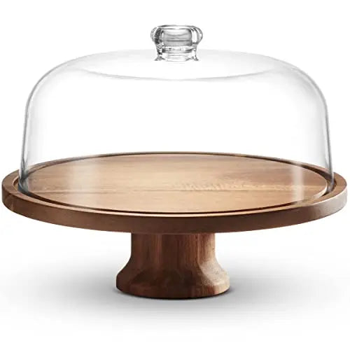 Godinger Cake Stand | Wooden  Footed Cake Plate with Shatterproof Acrylic Lid - Brown Godinger