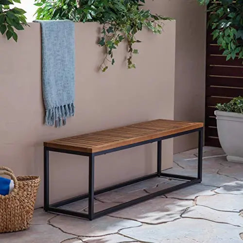 Great Deal Furniture Drew Outdoor Industrial Acacia Wood and Iron Bench - Teak and Black Great Deal Furniture