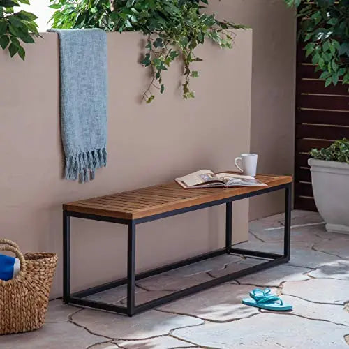 Great Deal Furniture Drew Outdoor Industrial Acacia Wood and Iron Bench - Teak and Black Great Deal Furniture