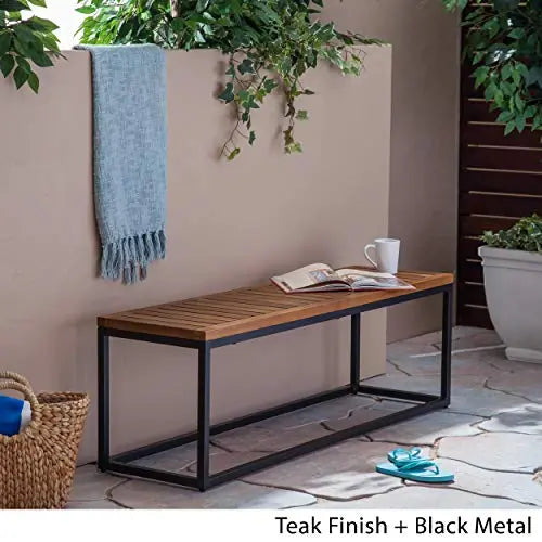 Great Deal Furniture Drew Outdoor Industrial Acacia Wood and Iron Bench - Teak and Black Great Deal Furniture