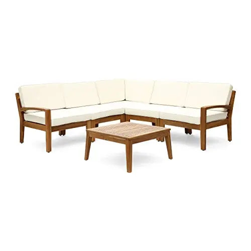 Great Deal Furniture Roy Outdoor Modern Furniture Acacia Wood 5 Seater Sectional Sofa Set with Table - Teak and Beige Great Deal Furniture