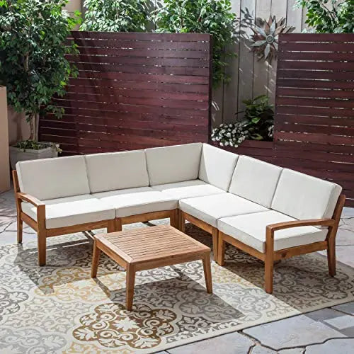 Great Deal Furniture Roy Outdoor Modern Furniture Acacia Wood 5 Seater Sectional Sofa Set with Table - Teak and Beige Great Deal Furniture