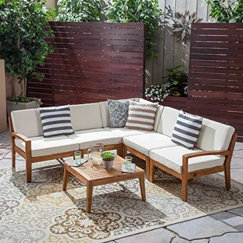 Great Deal Furniture Roy Outdoor Modern Furniture Acacia Wood 5 Seater Sectional Sofa Set with Table - Teak and Beige Great Deal Furniture