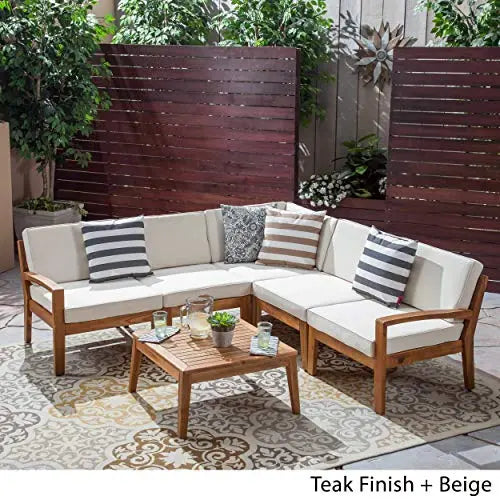 Great Deal Furniture Roy Outdoor Modern Furniture Acacia Wood 5 Seater Sectional Sofa Set with Table - Teak and Beige Great Deal Furniture