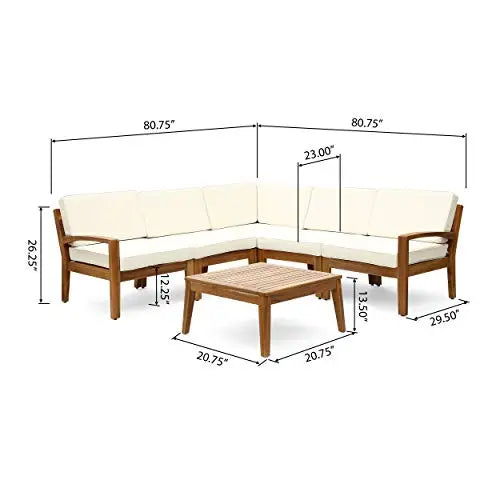 Great Deal Furniture Roy Outdoor Modern Furniture Acacia Wood 5 Seater Sectional Sofa Set with Table - Teak and Beige Great Deal Furniture