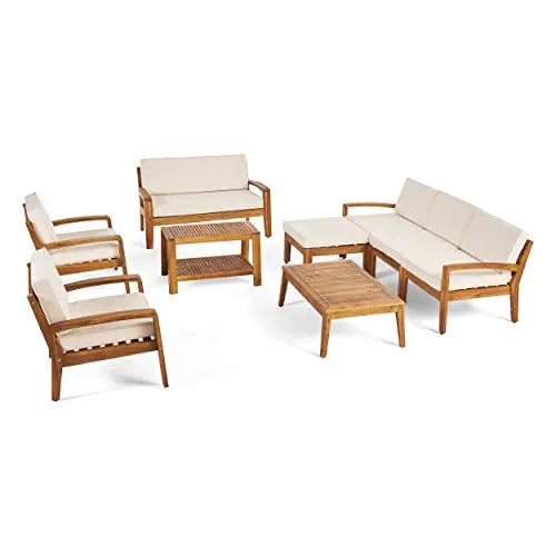 Great Deal Furniture Sally 7-Seater Outdoor Patio Sofa Set Furniture with Loveseat - Teak Finish/Beige Cushions Great Deal Furniture