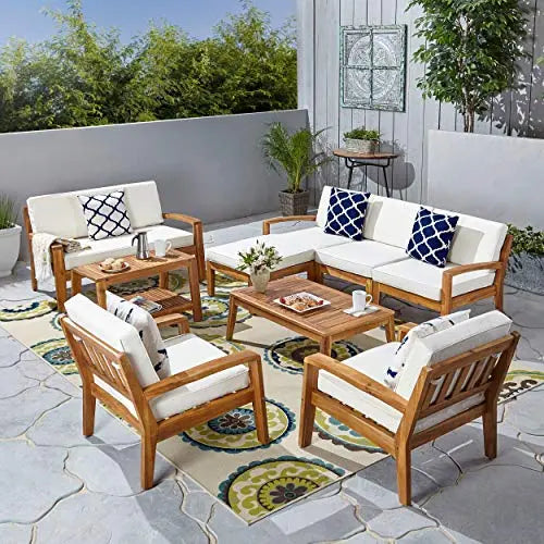 Great Deal Furniture Sally 7-Seater Outdoor Patio Sofa Set Furniture with Loveseat - Teak Finish/Beige Cushions Great Deal Furniture